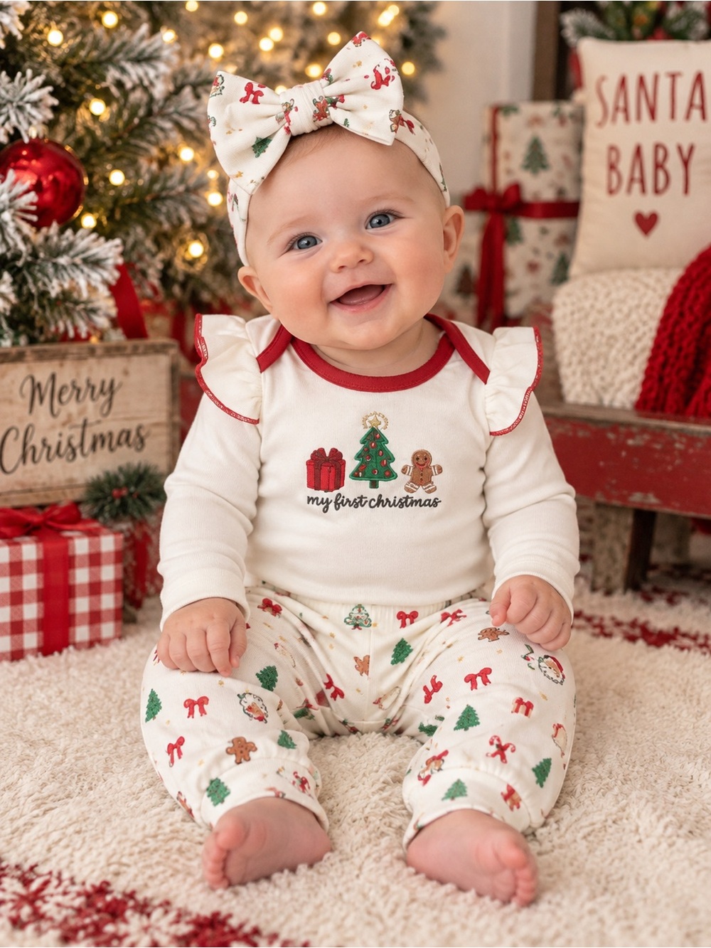Chickpea “My First Christmas” Bodysuit Pants Set with Headband 6/9 Months NWT